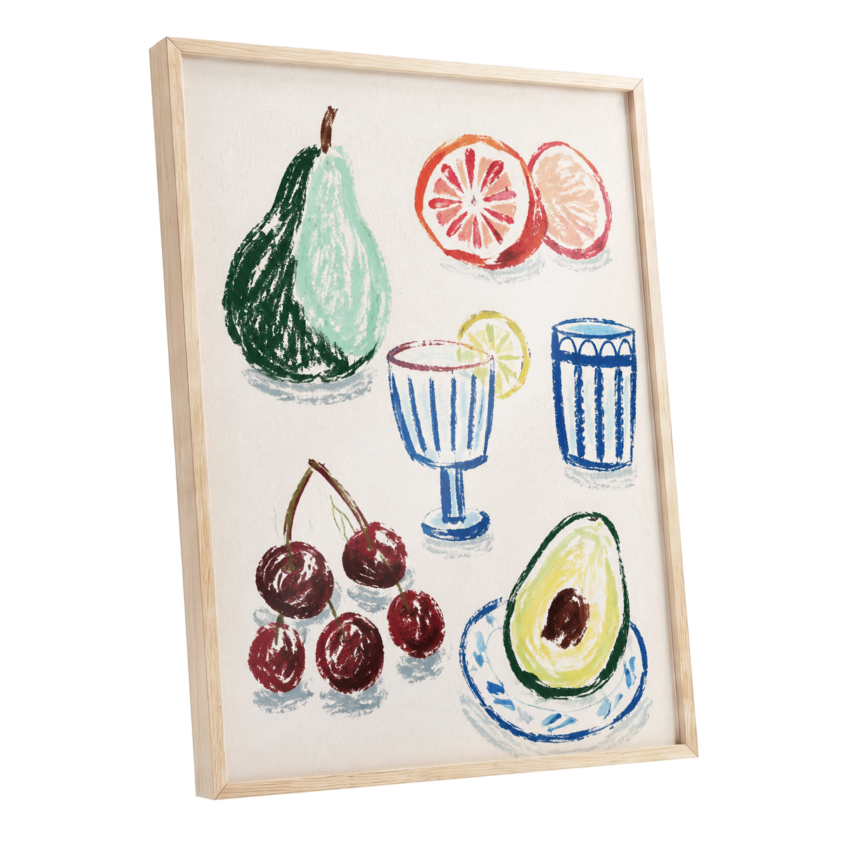 Orchard Aperitif, beige, green, blue nature wall art shown as a oak framed poster wall art print