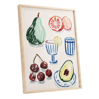 Orchard Aperitif, beige, green, blue nature wall art shown as a oak framed poster wall art print