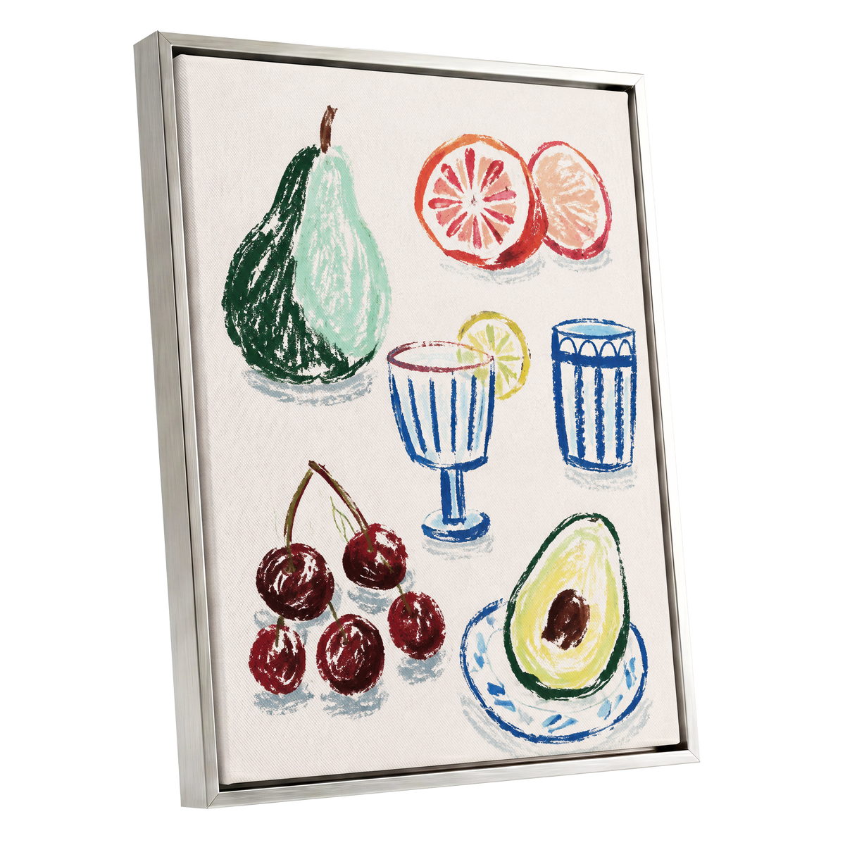 Orchard Aperitif, beige, green, blue nature wall art shown as a silver framed canvas wall art