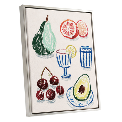 Orchard Aperitif, beige, green, blue nature wall art shown as a silver framed canvas wall art
