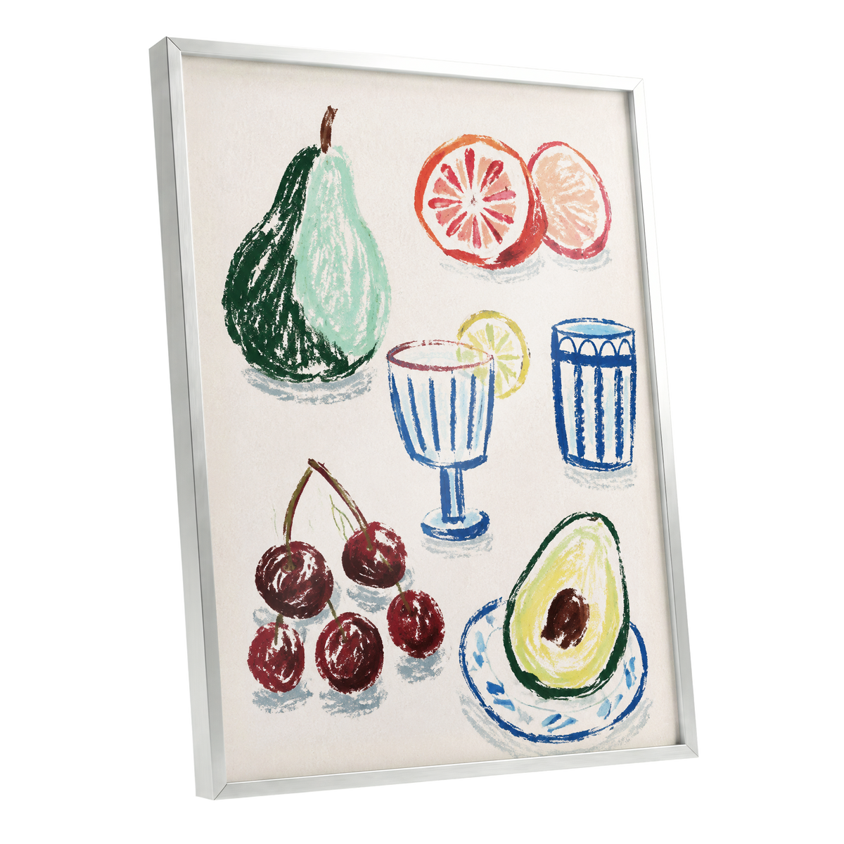 Orchard Aperitif, beige, green, blue nature wall art shown as a silver framed poster wall art print
