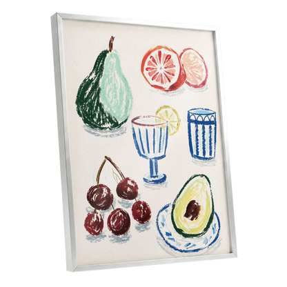 Orchard Aperitif, beige, green, blue nature wall art shown as a silver framed poster wall art print