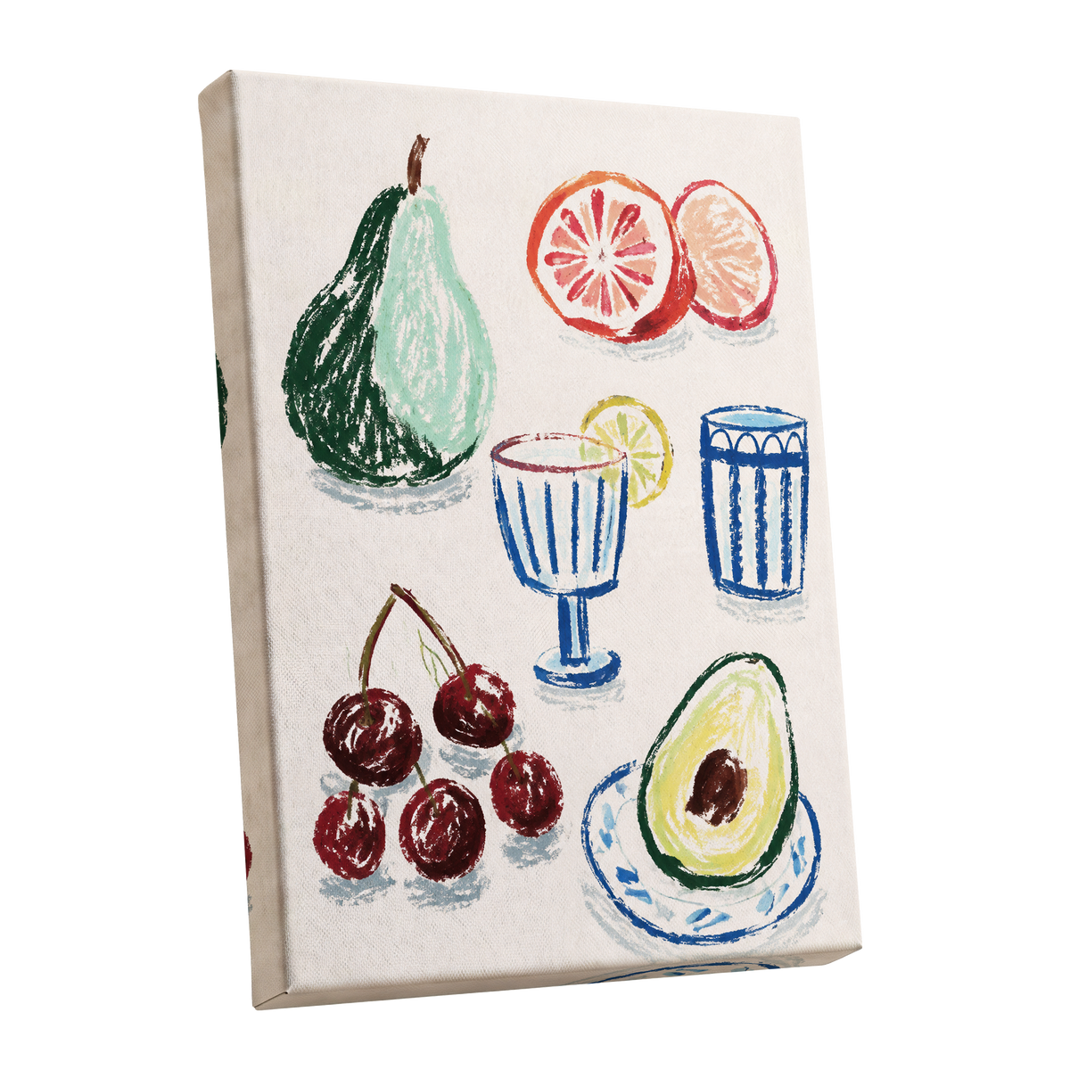 Orchard Aperitif, beige, green, blue nature wall art shown as a stretched canvas wall art