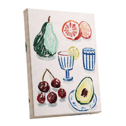 Orchard Aperitif, beige, green, blue nature wall art shown as a stretched canvas wall art