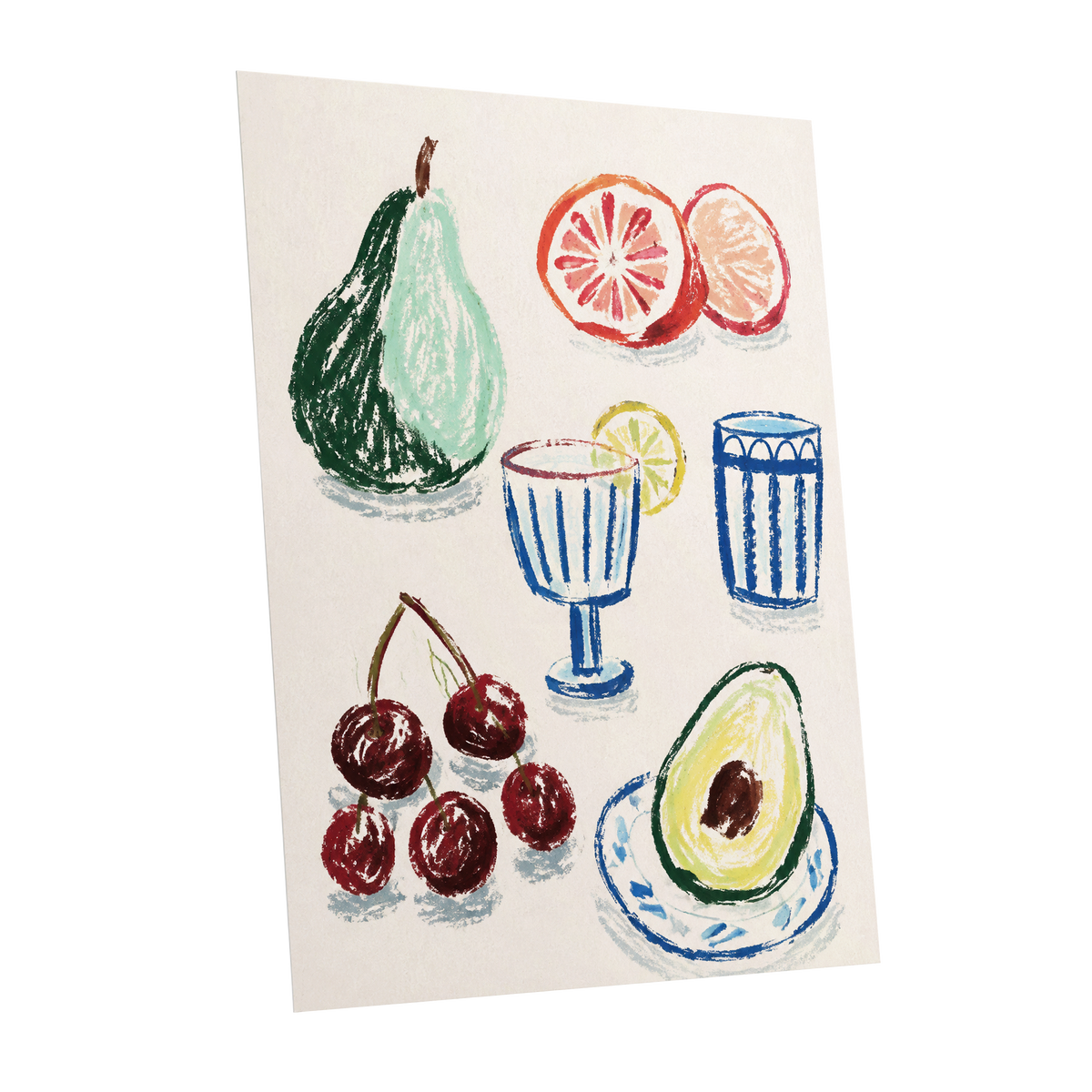 Orchard Aperitif, beige, green, blue nature wall art shown as a unframed poster wall art print
