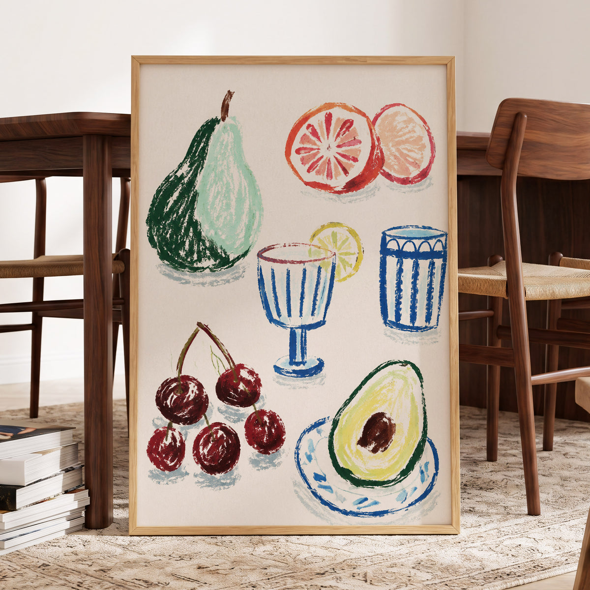 Orchard Aperitif, beige, green, blue nature wall art displayed in a styled interior, gallery view 2
