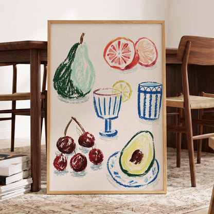 Orchard Aperitif, beige, green, blue nature wall art displayed in a styled interior, gallery view 2