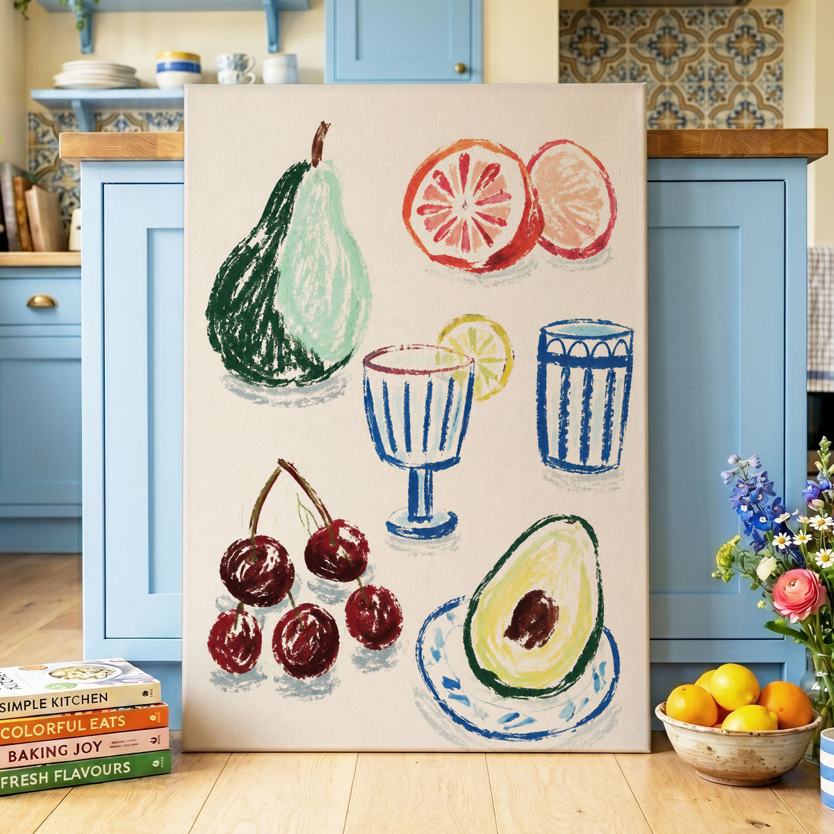 Orchard Aperitif, beige, green, blue nature wall art displayed in a styled interior, gallery view 3