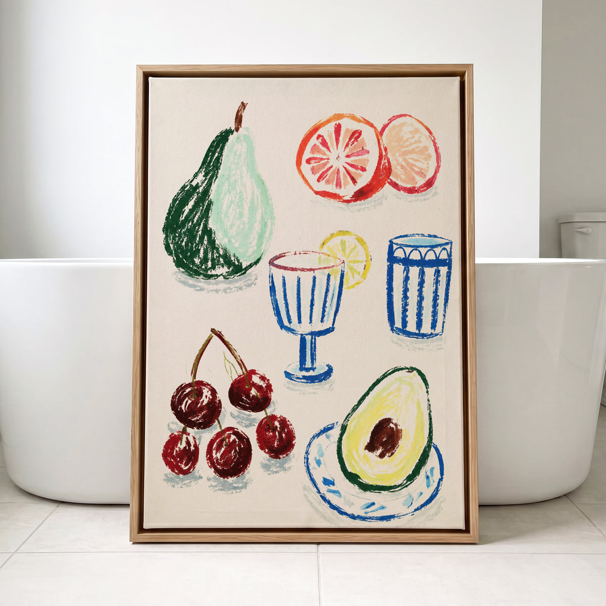 Orchard Aperitif, beige, green, blue nature wall art displayed in a styled interior, gallery view 4