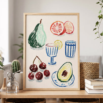 Orchard Aperitif, beige, green, blue nature wall art displayed in a styled interior, gallery view 6