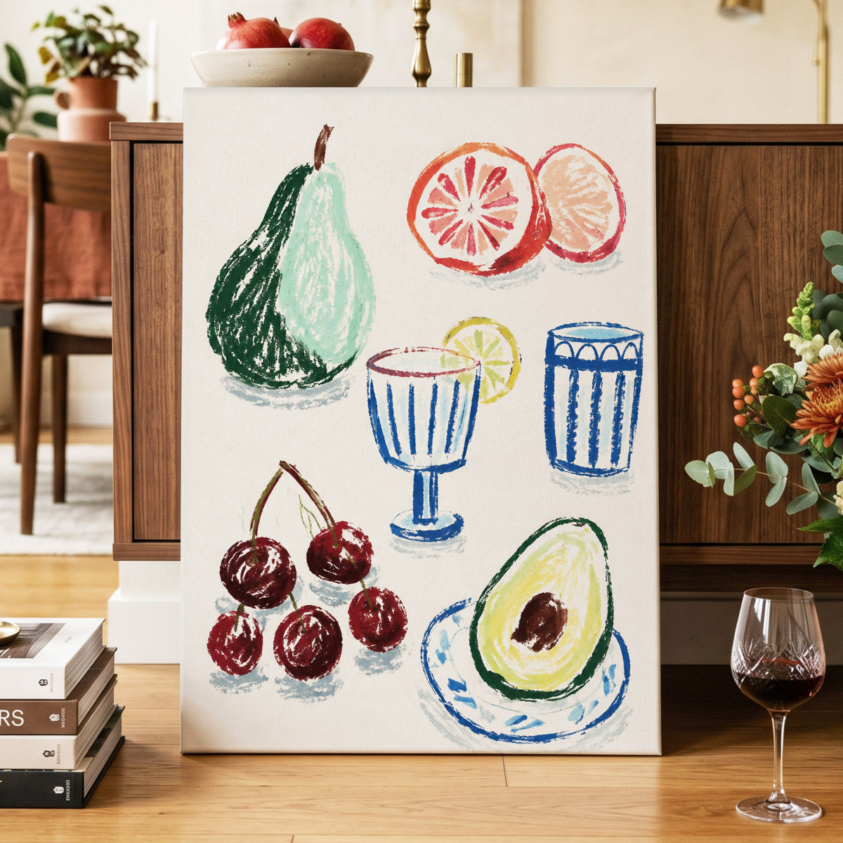 Orchard Aperitif, beige, green, blue nature wall art displayed in a styled interior, gallery view 7