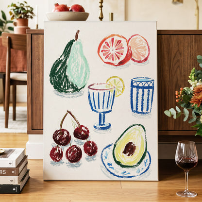 Orchard Aperitif, beige, green, blue nature wall art displayed in a styled interior, gallery view 7