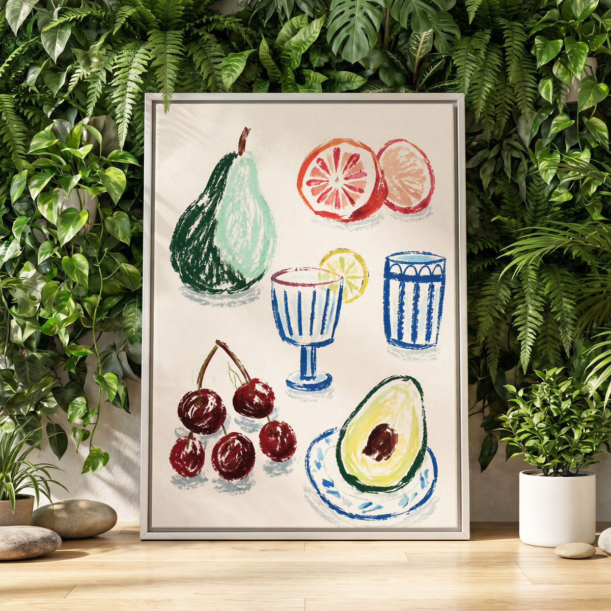 Orchard Aperitif, beige, green, blue nature wall art displayed in a styled interior, gallery view 8