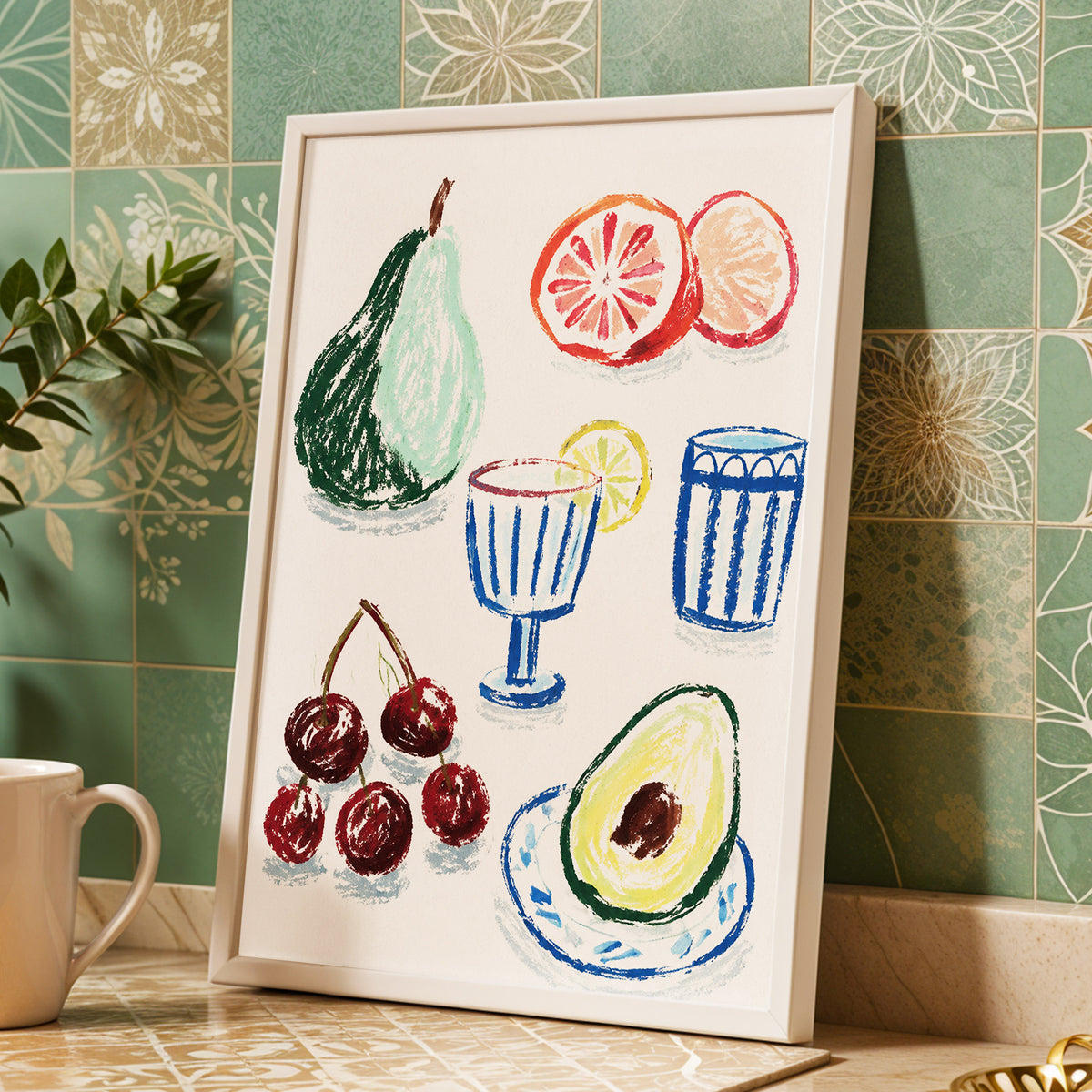 Orchard Aperitif, beige, green, blue nature wall art displayed in a styled interior, gallery view 9