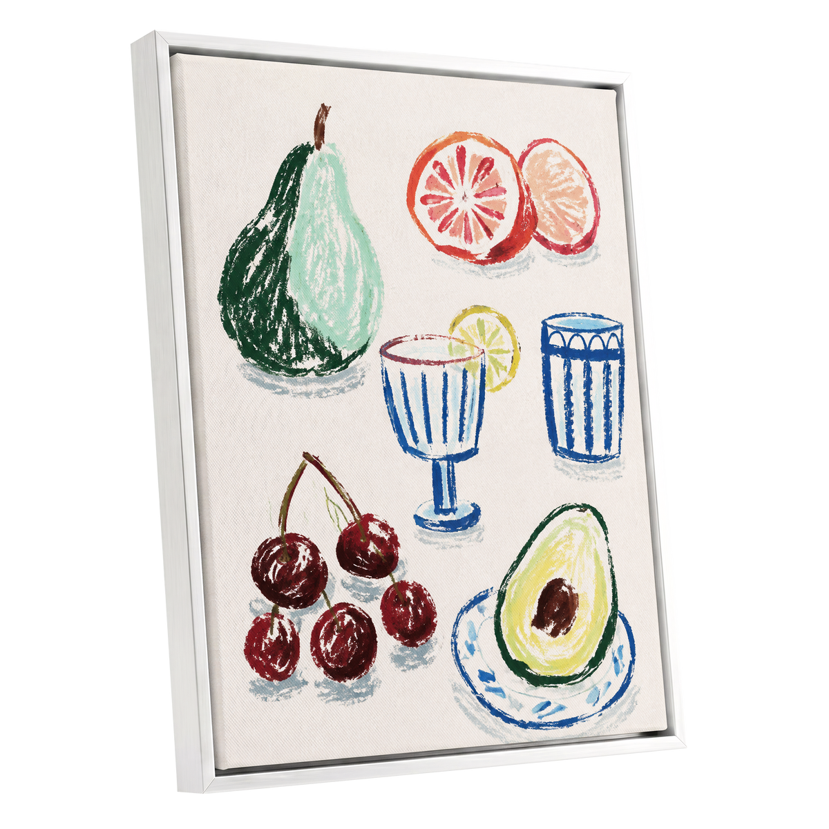 Orchard Aperitif, beige, green, blue nature wall art shown as a white framed canvas wall art