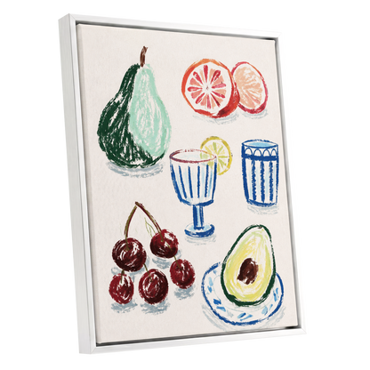 Orchard Aperitif, beige, green, blue nature wall art shown as a white framed canvas wall art