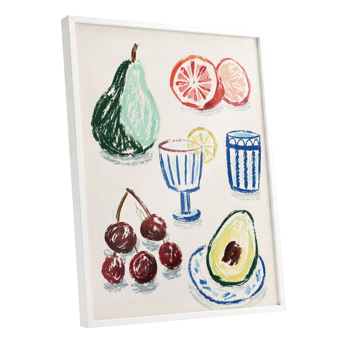 Orchard Aperitif, beige, green, blue nature wall art shown as a white framed poster wall art print