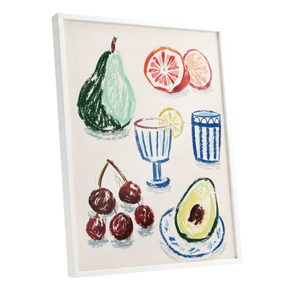 Orchard Aperitif, beige, green, blue nature wall art shown as a white framed poster wall art print