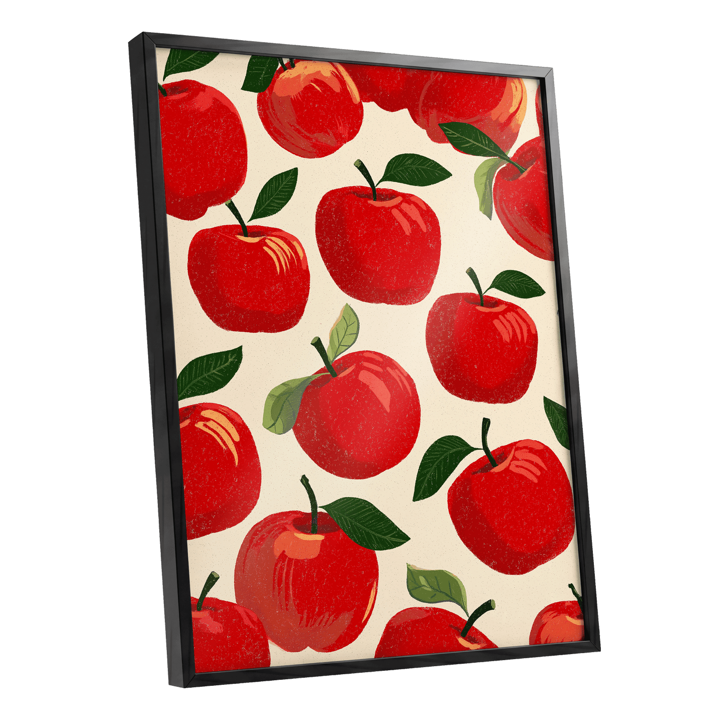 Orchard Chorus, red, green, beige nature wall art shown as a black framed poster wall art print