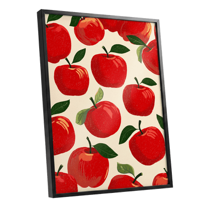 Orchard Chorus, red, green, beige nature wall art shown as a black framed poster wall art print