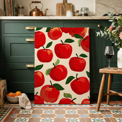 Orchard Chorus, red, green, beige nature wall art on canvas displayed in a styled interior, gallery view 2