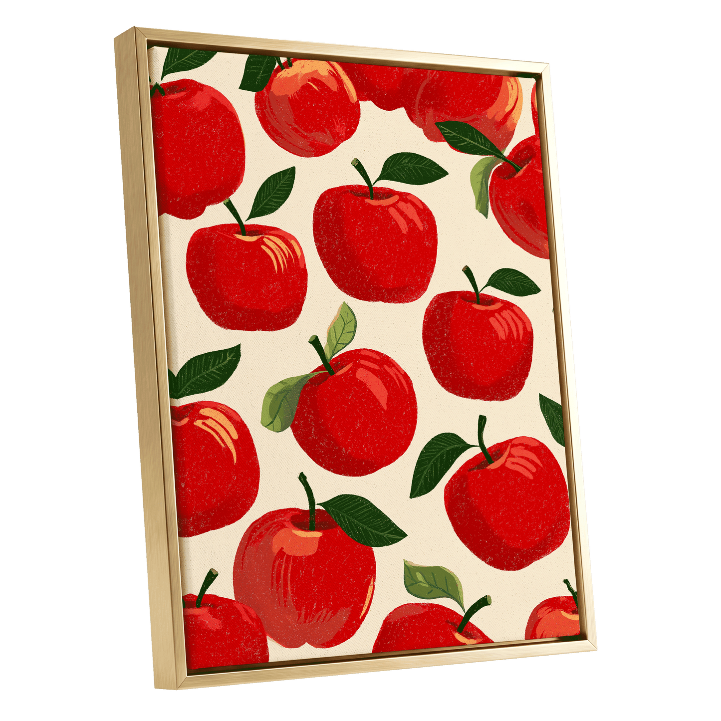 Orchard Chorus, red, green, beige nature wall art shown as a gold framed canvas wall art