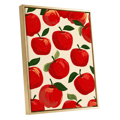 Orchard Chorus, red, green, beige nature wall art shown as a gold framed canvas wall art