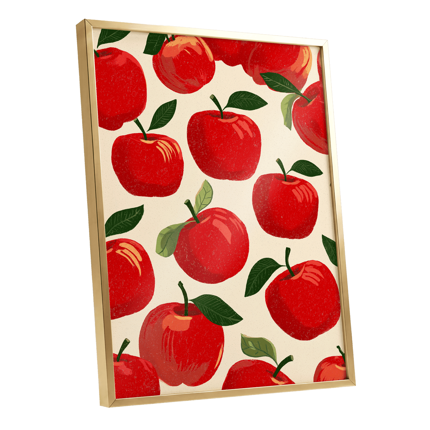Orchard Chorus, red, green, beige nature wall art shown as a gold framed poster wall art print