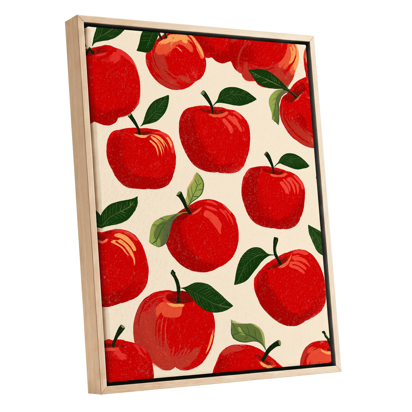 Orchard Chorus, red, green, beige nature wall art shown as a oak framed canvas wall art