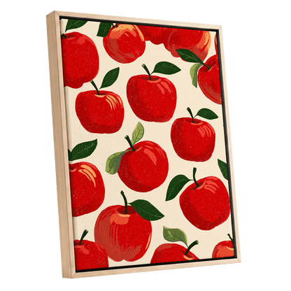 Orchard Chorus, red, green, beige nature wall art shown as a oak framed canvas wall art