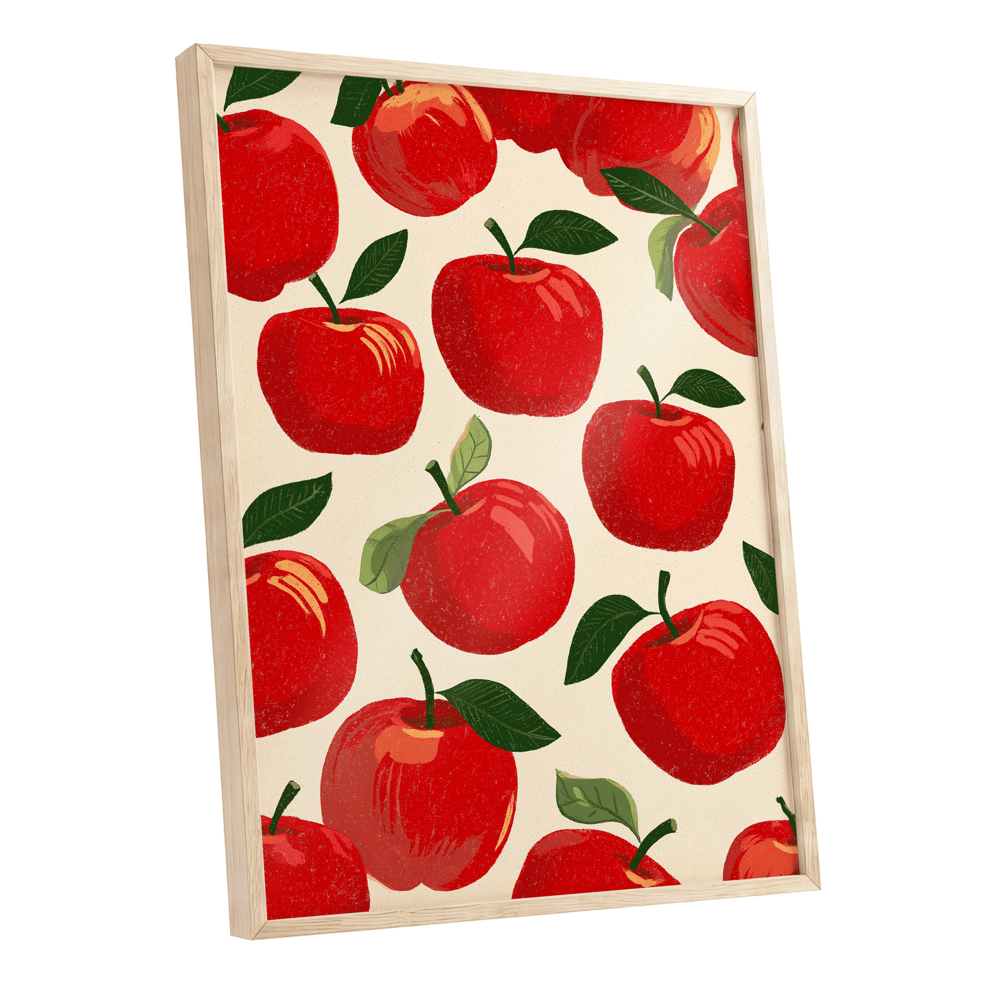 Orchard Chorus, red, green, beige nature wall art shown as a oak framed poster wall art print
