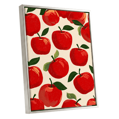 Orchard Chorus, red, green, beige nature wall art shown as a silver framed canvas wall art