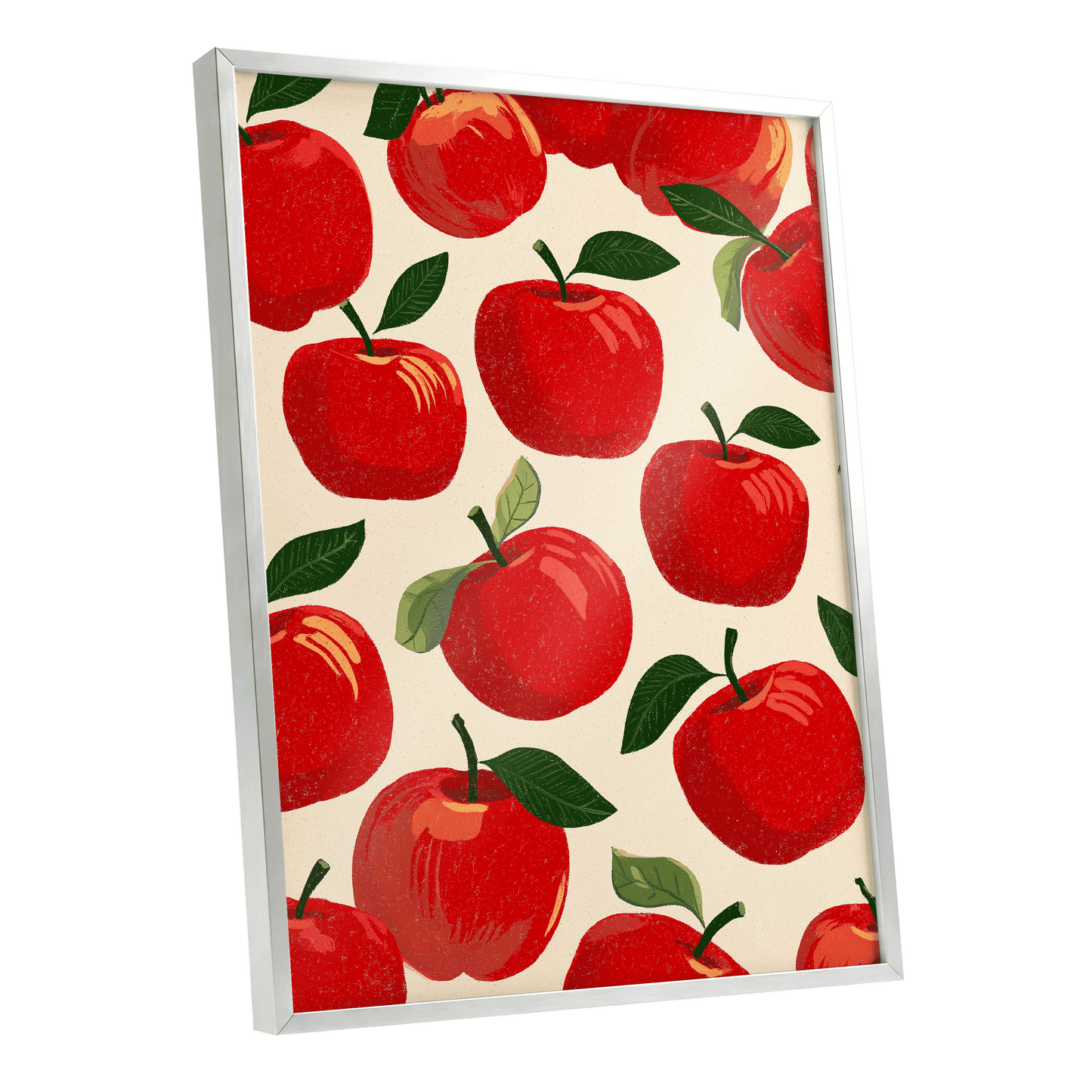 Orchard Chorus, red, green, beige nature wall art shown as a silver framed poster wall art print
