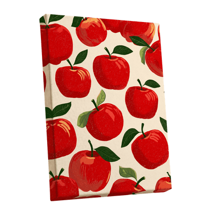 Orchard Chorus, red, green, beige nature wall art shown as a stretched canvas wall art