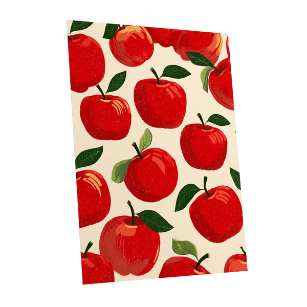 Orchard Chorus, red, green, beige nature wall art shown as a unframed poster wall art print