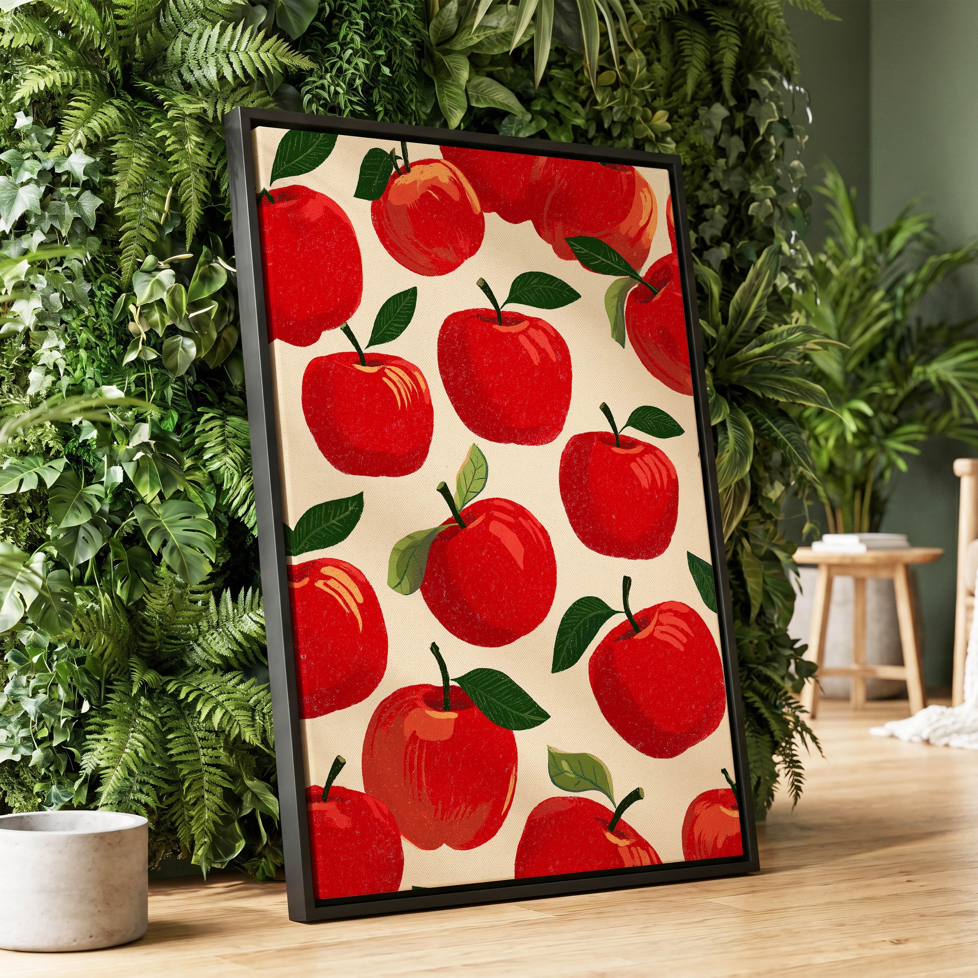Orchard Chorus, red, green, beige nature wall art displayed in a styled interior, gallery view 1