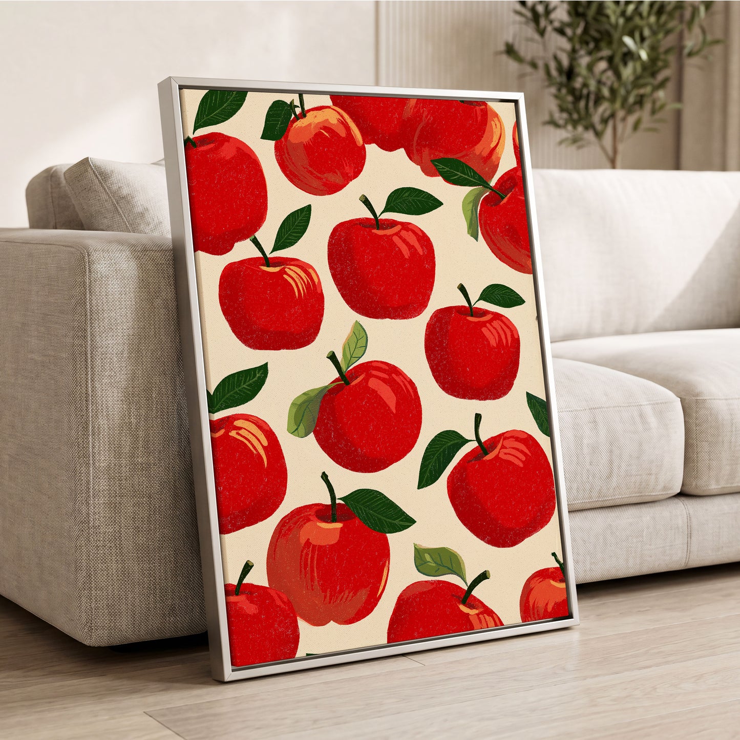 Orchard Chorus, red, green, beige nature wall art displayed in a styled interior, gallery view 2