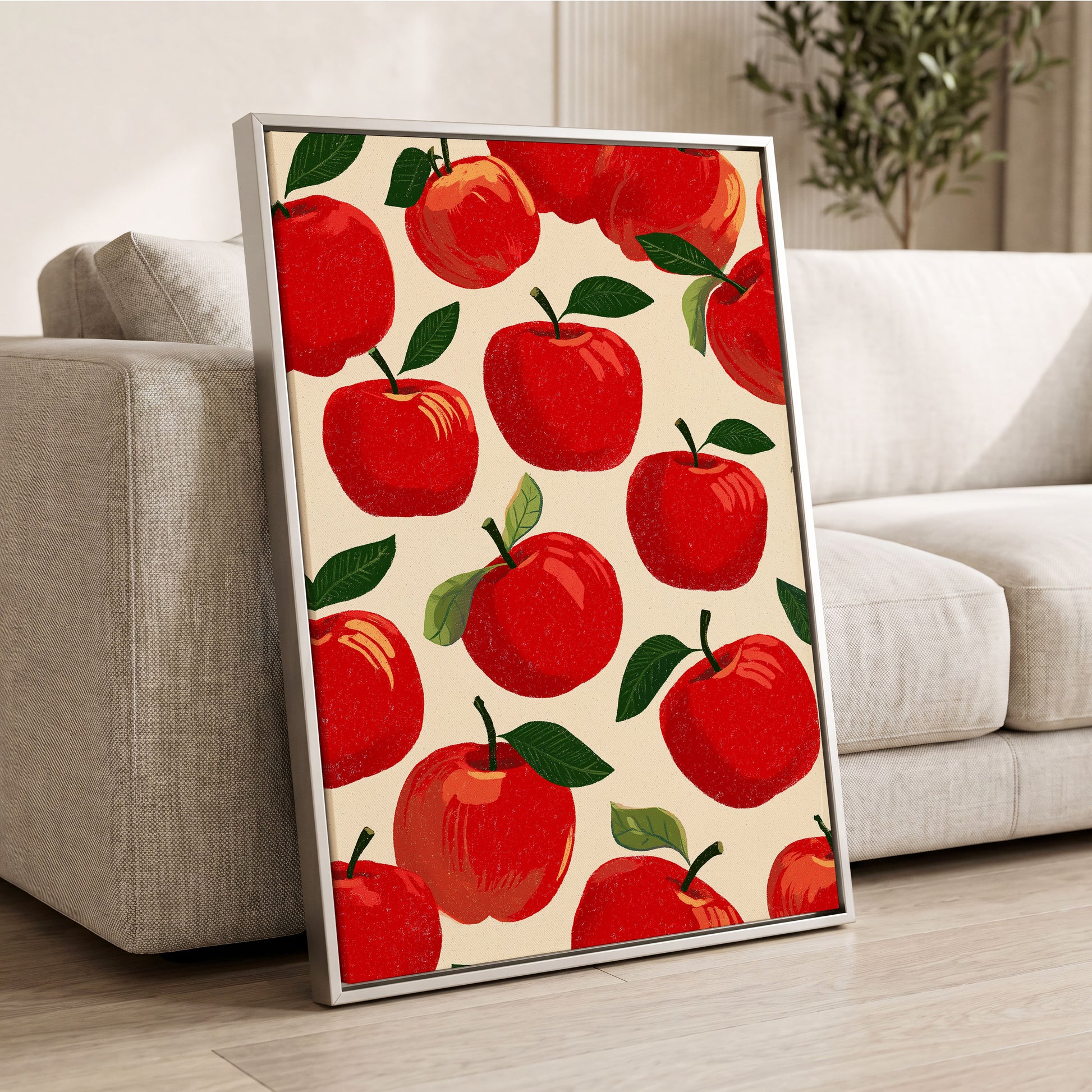 Orchard Chorus, red, green, beige nature wall art displayed in a styled interior, gallery view 2