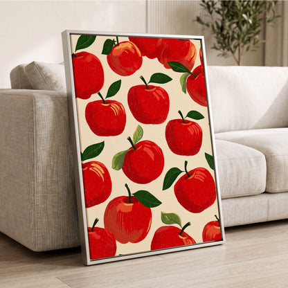Orchard Chorus, red, green, beige nature wall art displayed in a styled interior, gallery view 2