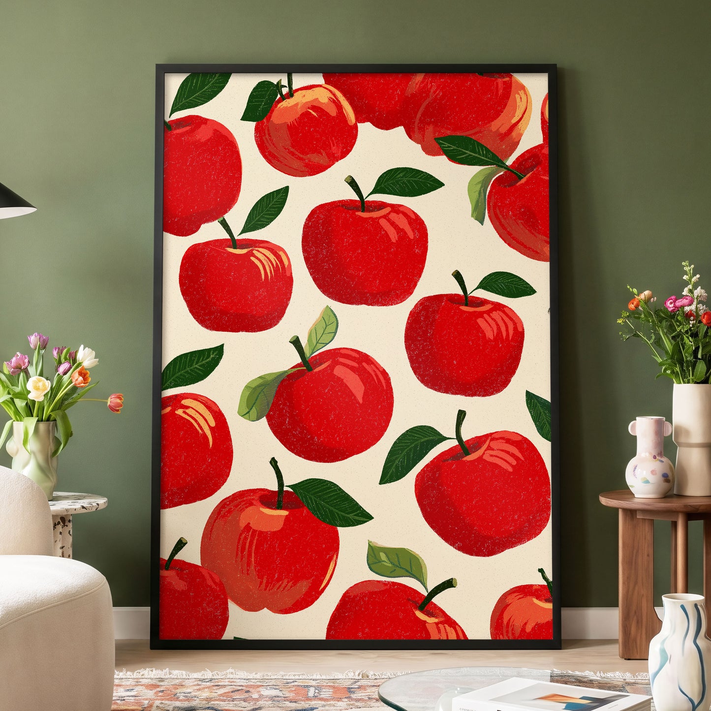 Orchard Chorus, red, green, beige nature wall art displayed in a styled interior, gallery view 4