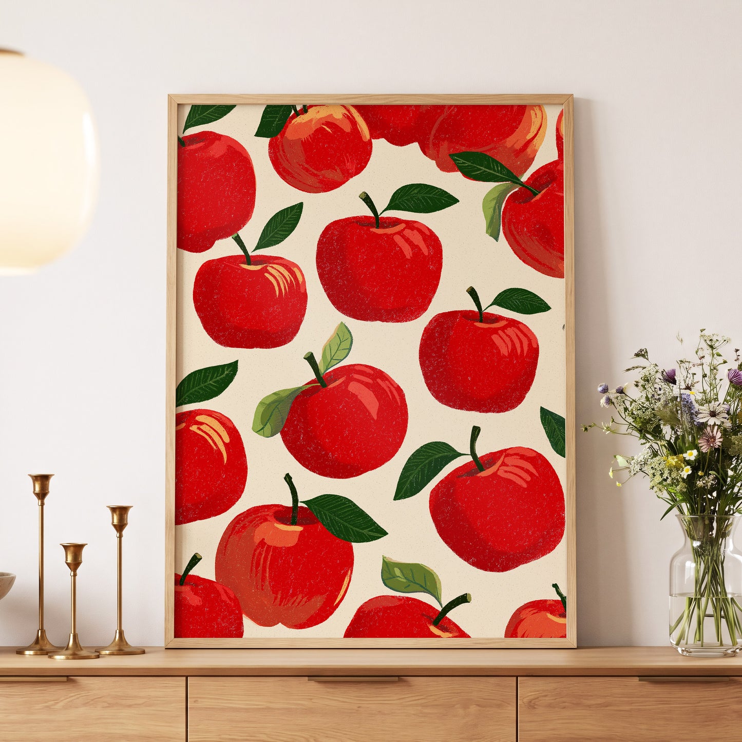 Orchard Chorus, red, green, beige nature wall art displayed in a styled interior, gallery view 5