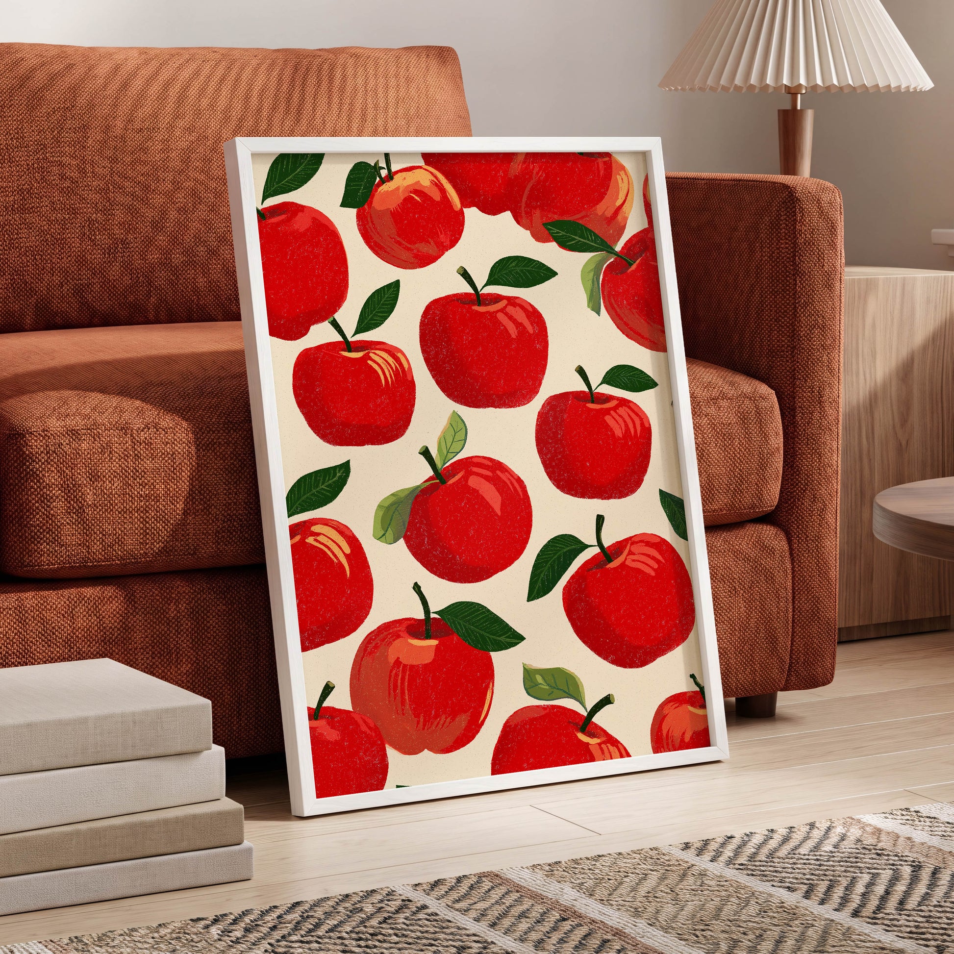Orchard Chorus, red, green, beige nature wall art displayed in a styled interior, gallery view 6