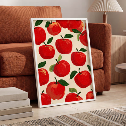 Orchard Chorus, red, green, beige nature wall art displayed in a styled interior, gallery view 6