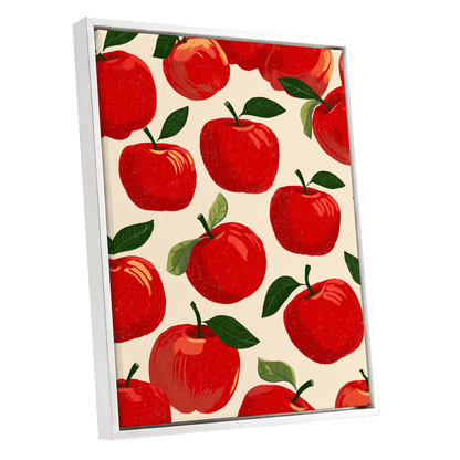 Orchard Chorus, red, green, beige nature wall art shown as a white framed canvas wall art