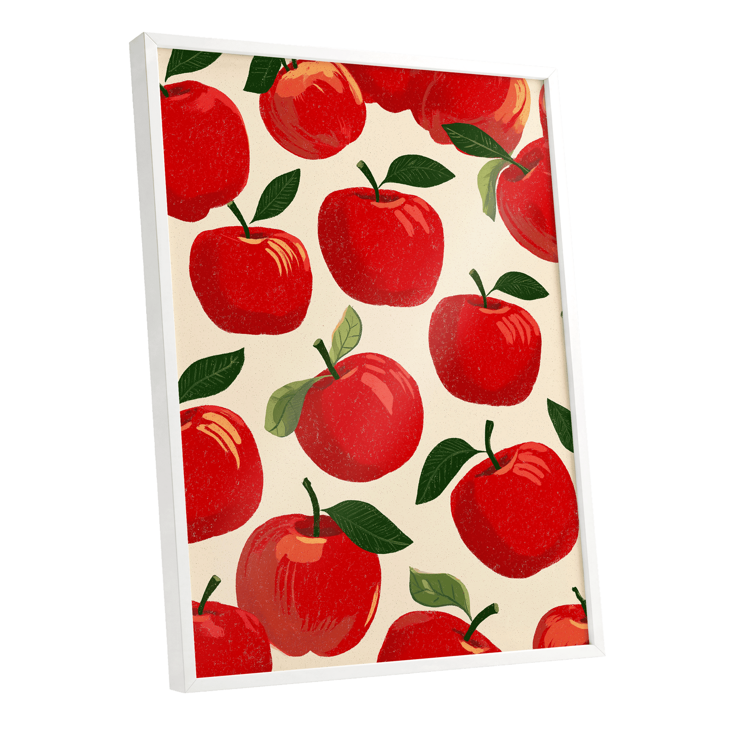 Orchard Chorus, red, green, beige nature wall art shown as a white framed poster wall art print