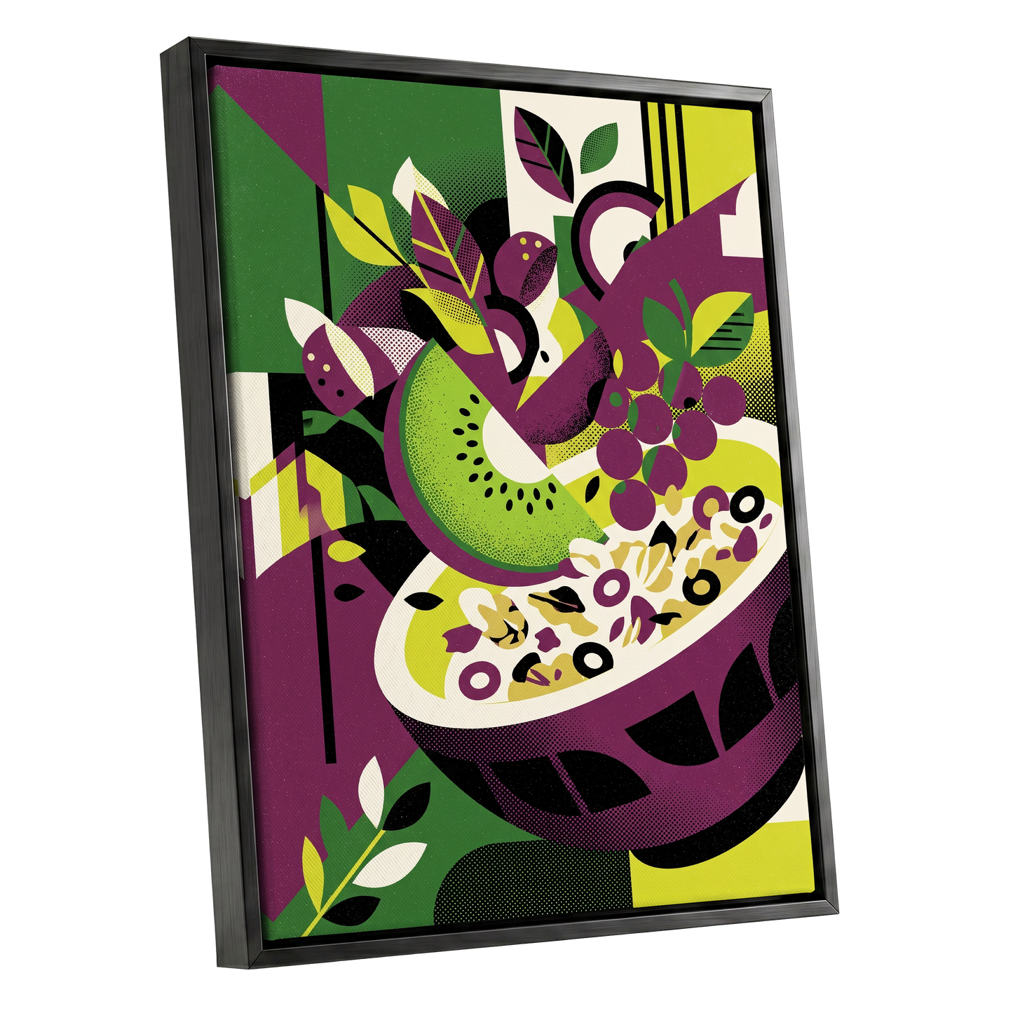 Orchard in Aubergine, purple, green, black nature wall art shown as a black framed canvas wall art