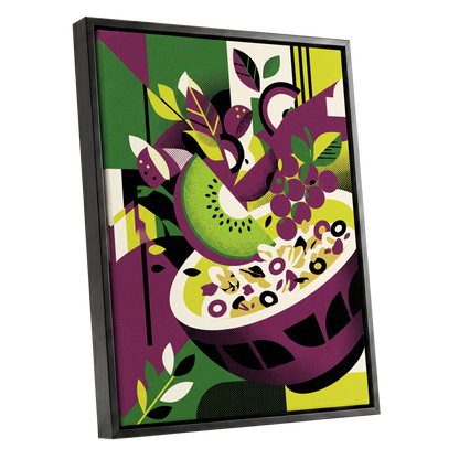 Orchard in Aubergine, purple, green, black nature wall art shown as a black framed canvas wall art