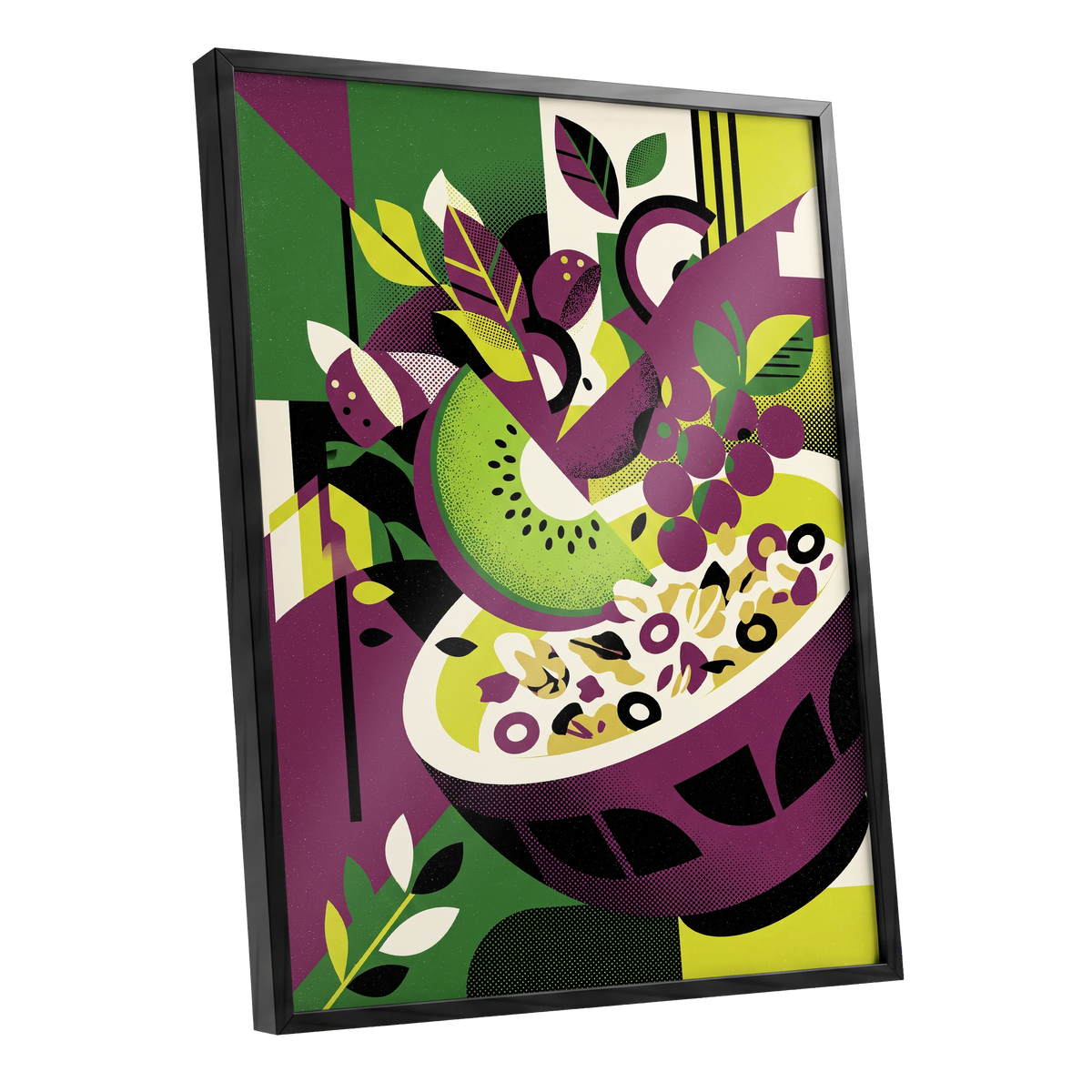 Orchard in Aubergine, purple, green, black nature wall art shown as a black framed poster wall art print