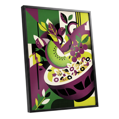 Orchard in Aubergine, purple, green, black nature wall art shown as a black framed poster wall art print