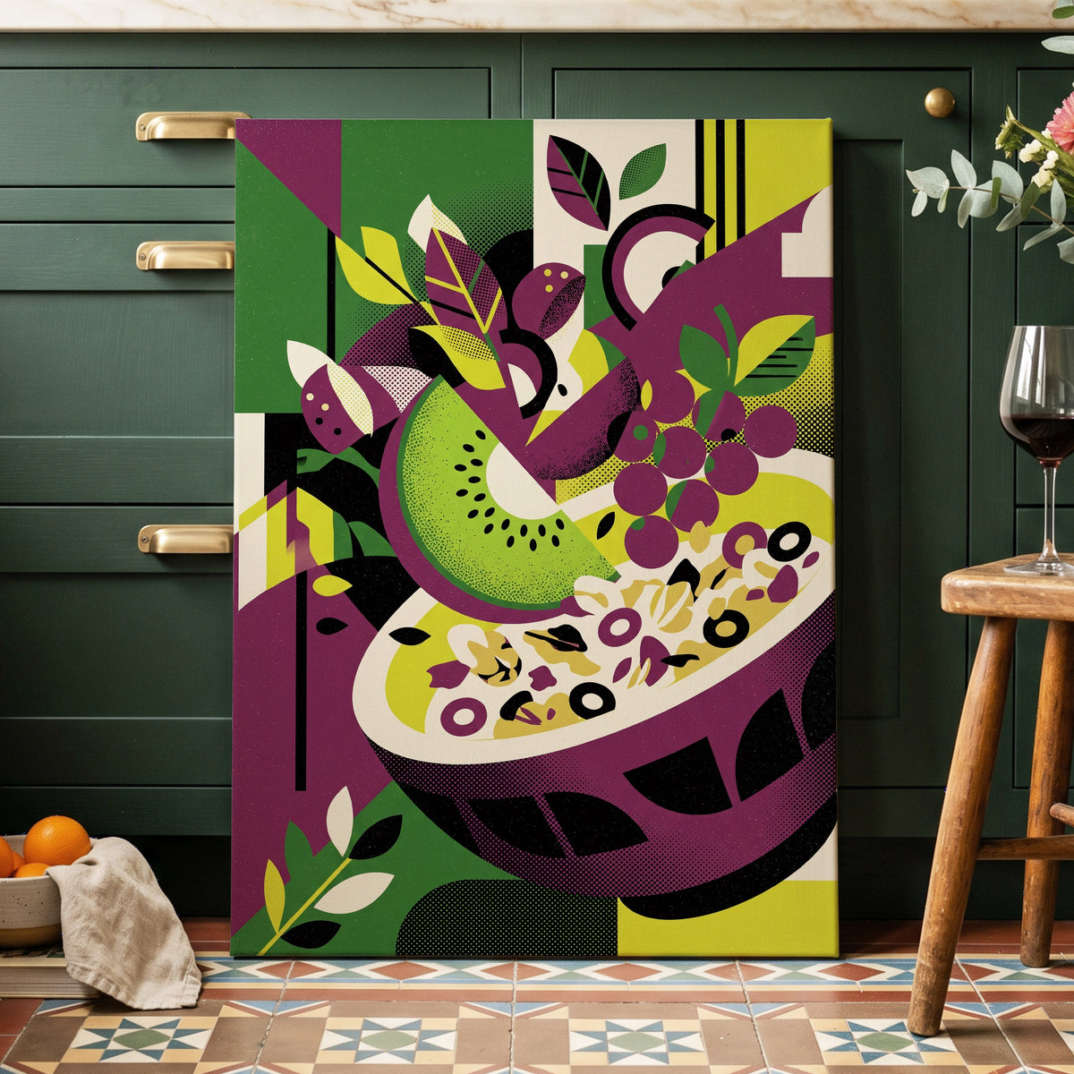 Orchard in Aubergine, purple, green, black nature wall art on canvas displayed in a styled interior, gallery view 1